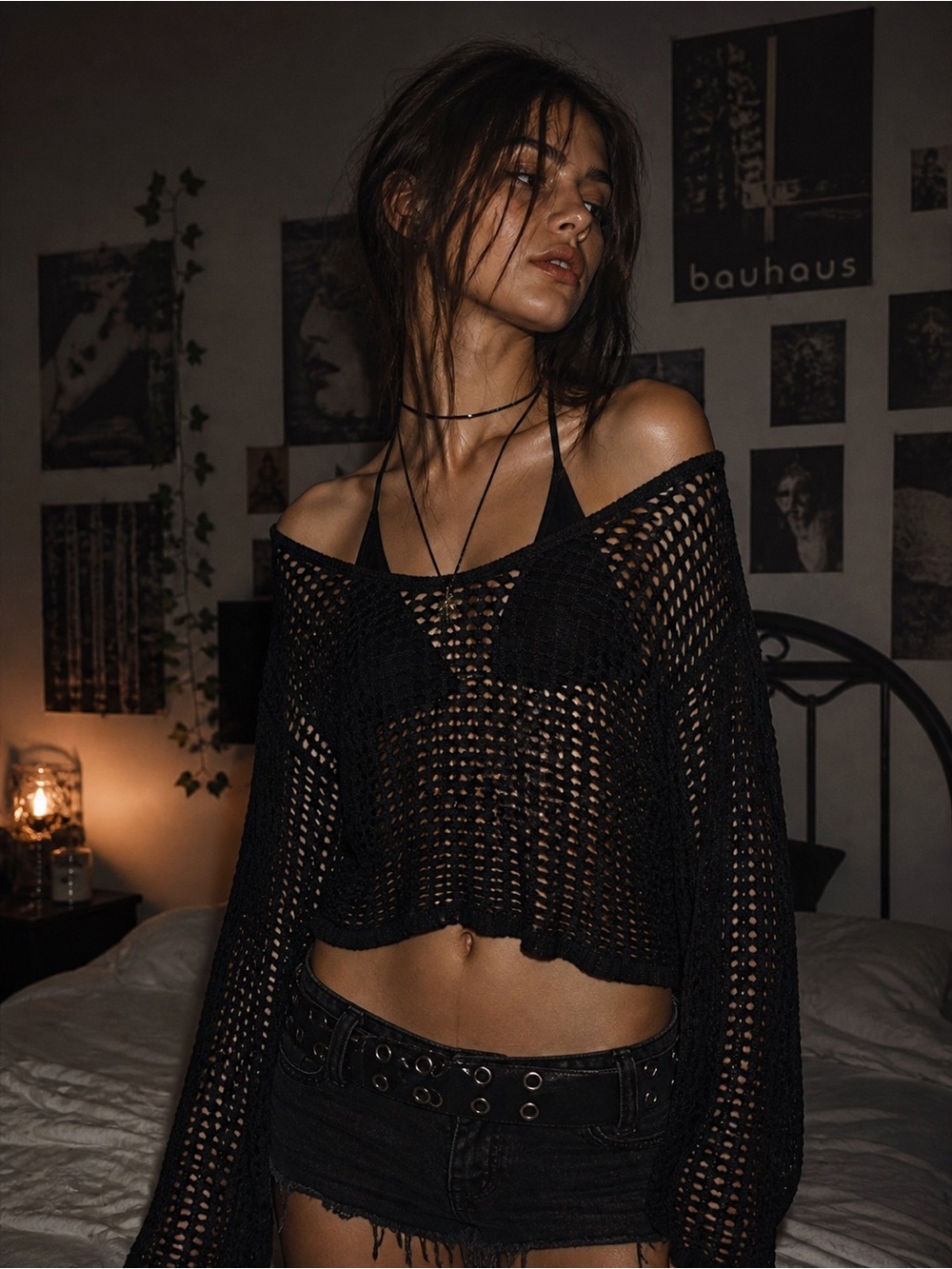Black Open Knit Fishnet Sweater Oversized Boho Festival Top M/L
